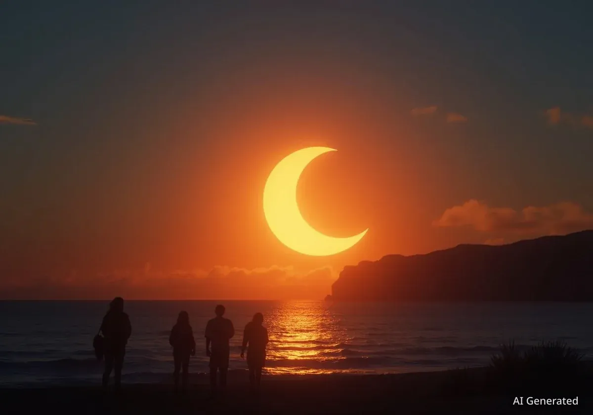 Partial Solar Eclipse Creates Crescent Sun Over Pacific Ocean